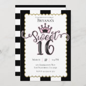 ピンク金ゴールドブラックスウィート16ストライプの誕生日パーティー 招待状 (正面/裏面)