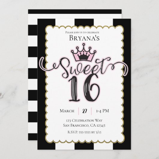 ピンク金ゴールドブラックスウィート16ストライプの誕生日パーティー 招待状 (正面/裏面)
