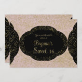 ピンク金ゴールドブラックスターリーグリッタースウィート16誕生日 招待状 (正面/裏面)