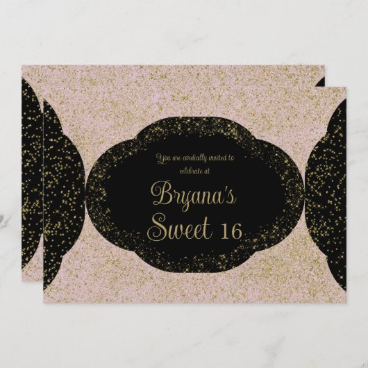 ピンク金ゴールドブラックスターリーグリッタースウィート16誕生日 招待状 (正面/裏面)