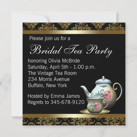 ピンク金ゴールドブラックダマスクティーカップブライダルシャワー 招待状 (裏面)