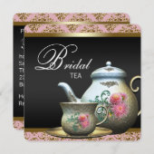 ピンク金ゴールドブラックダマスクティーカップブライダルシャワー 招待状 (正面/裏面)