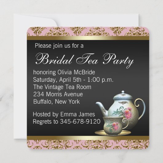 ピンク金ゴールドブラックダマスクティーカップブライダルシャワー 招待状 (裏面)