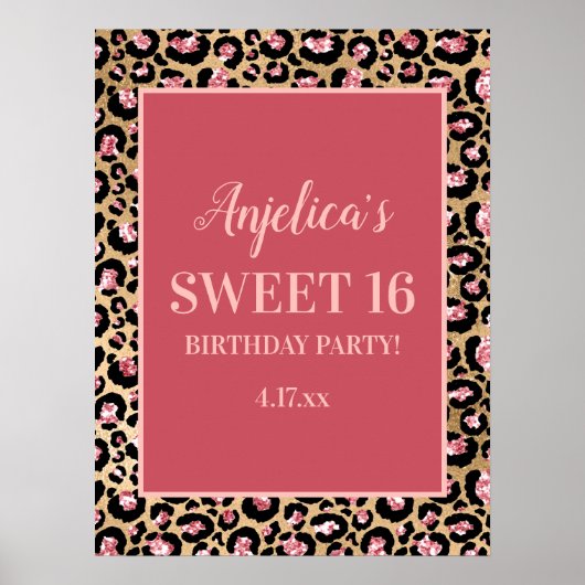 ピンク金ゴールドブラックヒョウ印刷ガールズスウィート16 ポスター (正面)