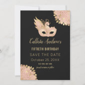 ピンク金ゴールドブラックマスカレードマスク50誕生日 セーブザデート (正面)