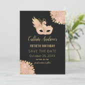 ピンク金ゴールドブラックマスカレードマスク50誕生日 セーブザデート (スタンド正面)