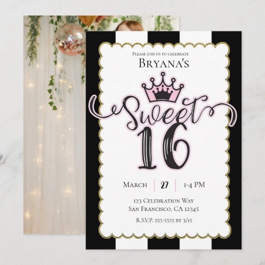ピンク金ゴールドブラック甘い16フォトバースデーパーティー 招待状 (正面/裏面)