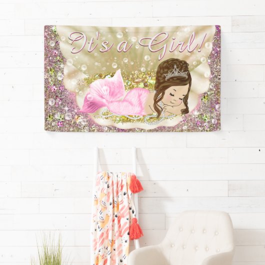 ピンク金ゴールドブルネットマーメイドベビーシャワーバナー 横断幕 (インサイチュ)