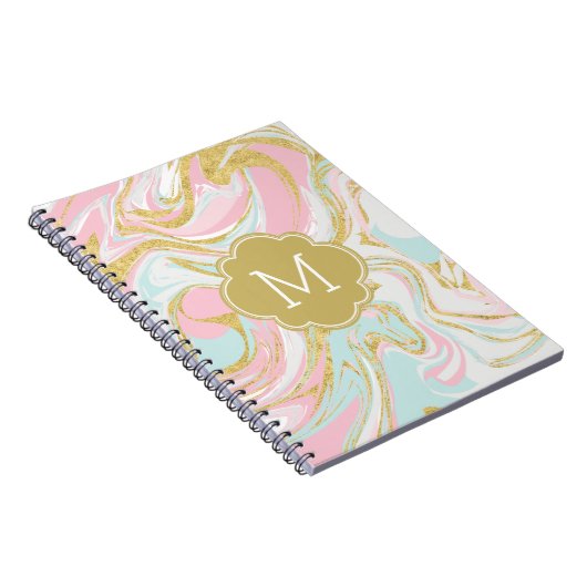 ピンク金ゴールドブルーインクマーブルモノグラムの ノートブック (右側)