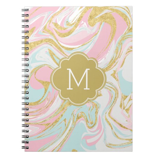 ピンク金ゴールドブルーインクマーブルモノグラムの ノートブック (正面)