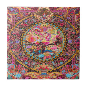 ピンク金ゴールドブルーペルシャフローラ花孔雀アート タイル