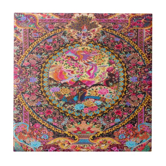 ピンク金ゴールドブルーペルシャフローラ花孔雀アート タイル (正面)