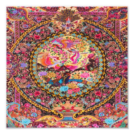 ピンク金ゴールドブルーペルシャフローラ花孔雀 フォトプリント            (正面)