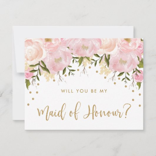 ピンク金ゴールドプニーシックフローラベミーメイド・オブ・オーナー(花嫁付き添い人) 招待状 (正面)