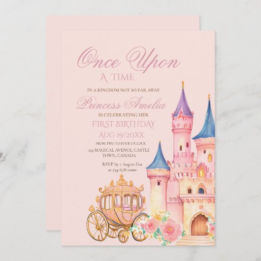 ピンク金ゴールドプリンセスおとぎ話バースデーパーティー 招待状 (正面/裏面)