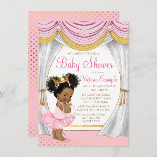 ピンク金ゴールドプリンセスカーテン赤ちゃんシャワー招待状 招待状 (正面/裏面)