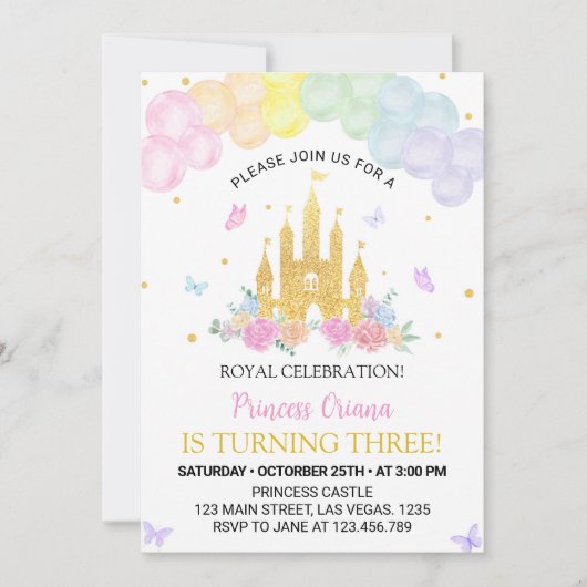 ピンク金ゴールドプリンセスキャッスル誕生日招待状 招待状 (正面)