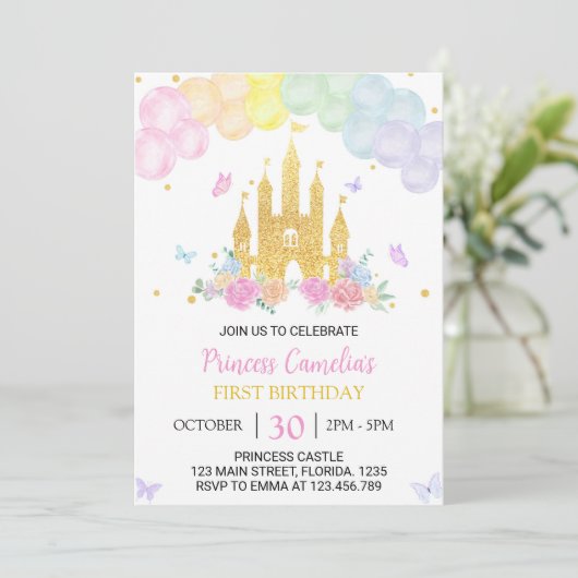 ピンク金ゴールドプリンセスキャッスル1st誕生日招待状 招待状 (スタンド正面)