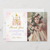 ピンク金ゴールドプリンセスキャリッジ誕生日写真 サンキューカード (正面)