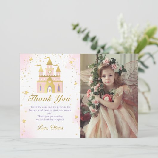 ピンク金ゴールドプリンセスキャリッジ誕生日写真 サンキューカード (スタンド正面)