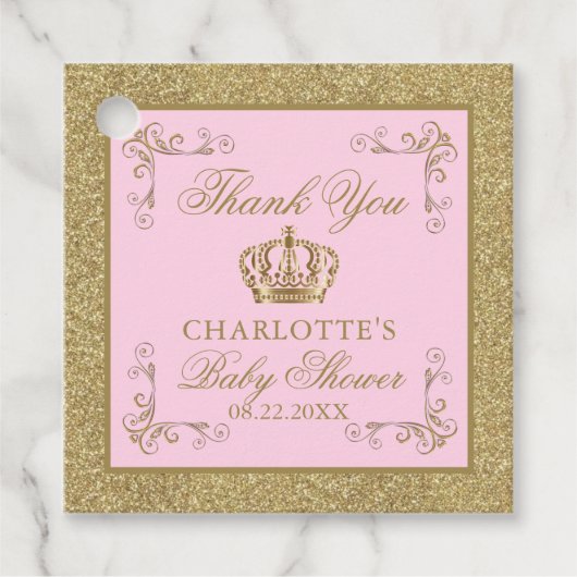 ピンク金ゴールドプリンセスクラウンティアラベビーシャワー フェイバータグ (正面)