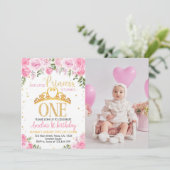 ピンク金ゴールドプリンセスクラウンファースト誕生日招待状 招待状 (スタンド正面)