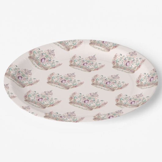 ピンク金ゴールドプリンセスクラウンフェアヤテール誕生日 ペーパープレート (アングル)