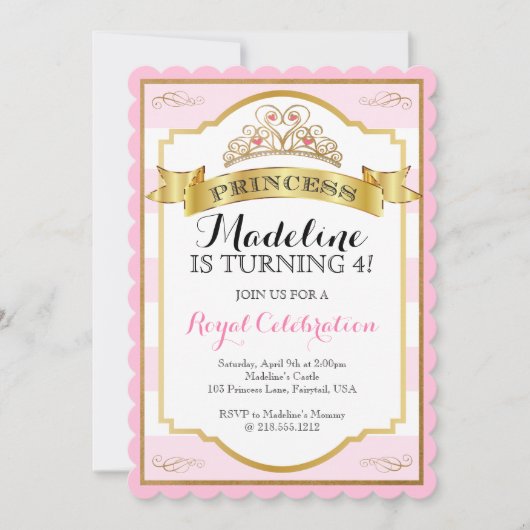 ピンク金ゴールドプリンセスクラウンプリンセス誕生日 招待状 (正面)