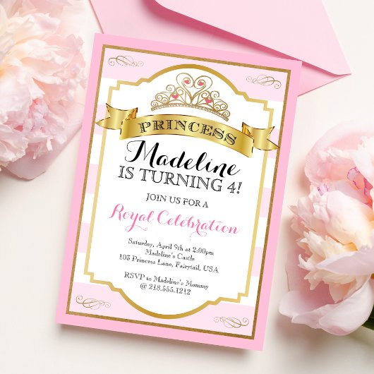 ピンク金ゴールドプリンセスクラウンプリンセス誕生日 招待状