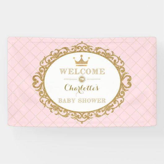 ピンク金ゴールドプリンセスクラウンベビーシャワーウェルカム 横断幕 (横)