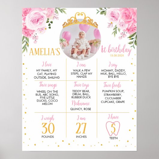 ピンク金ゴールドプリンセスクラウン誕生日マイルストーンサイン ポスター (正面)