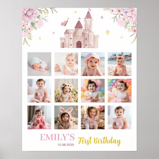 ピンク金ゴールドプリンセスクラウン誕生日マイルストーンサイン ポスター (正面)