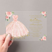 ピンク金ゴールドプリンセスドレスフローラキンセアニラ アクリル招待状 (インサイチュ (ポータブル))