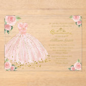 ピンク金ゴールドプリンセスドレスフローラキンセアニラ アクリル招待状 (正面)