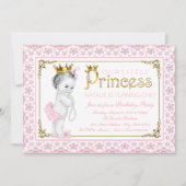 ピンク金ゴールドプリンセスパールファースト誕生日パーティー 招待状 (正面)