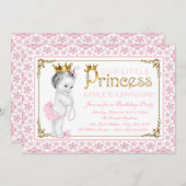 ピンク金ゴールドプリンセスパールファースト誕生日パーティー 招待状 (正面/裏面)