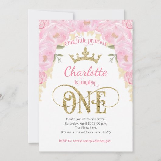 ピンク金ゴールドプリンセスフローラ1日目の誕生日 招待状 (正面)