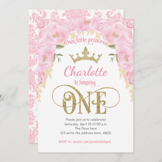 ピンク金ゴールドプリンセスフローラ1日目の誕生日 招待状 (正面/裏面)