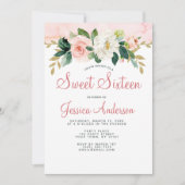 ピンク金ゴールドプリンセスフローラSweet sixteen誕生日 招待状 (正面)