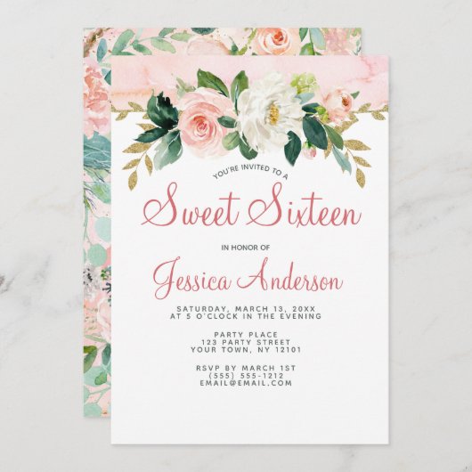 ピンク金ゴールドプリンセスフローラSweet sixteen誕生日 招待状 (正面/裏面)