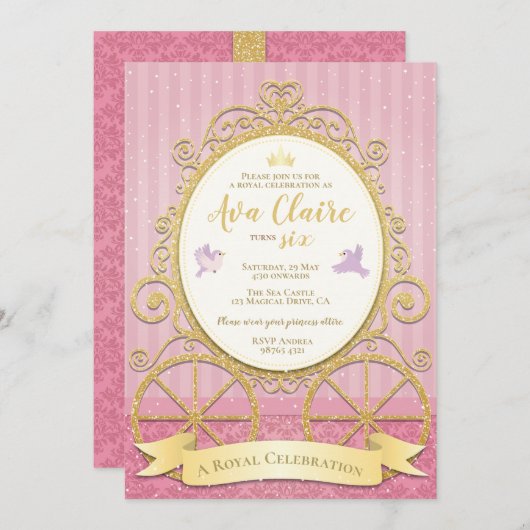 ピンク金ゴールドプリンセス|シンデレラ|王室の誕生日 招待状 (正面/裏面)