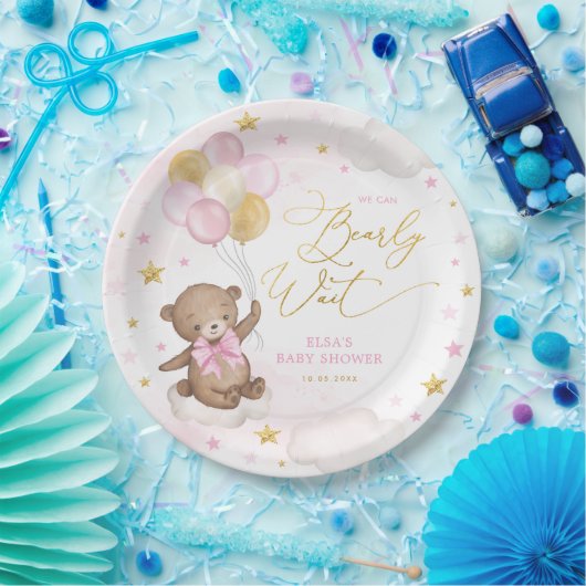 ピンク金ゴールドベアと風船星空の女の子 ペーパープレート (パーティー)