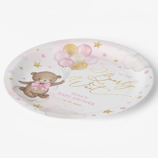 ピンク金ゴールドベアと風船星空の女の子 ペーパープレート (アングル)