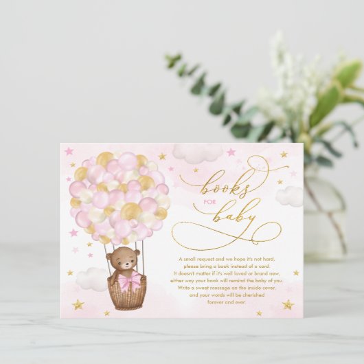 ピンク金ゴールドベア熱気球のベビーガール向け本 エンクロージャーカード (スタンド正面)