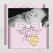 ピンク金ゴールドベビーガールフォト《キリスト教》洗礼式や命名式 招待状 (正面/裏面)