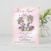ピンク金ゴールドベビーシャワー招待状ベビーエレファント 招待状 (スタンド正面)