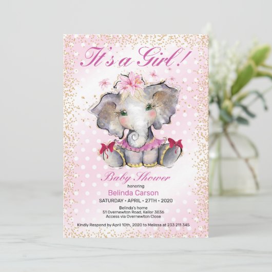 ピンク金ゴールドベビーシャワー招待状ベビーエレファント 招待状 (スタンド正面)