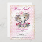 ピンク金ゴールドベビーシャワー招待状ベビーエレファント 招待状 (正面/裏面)