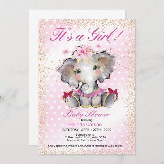 ピンク金ゴールドベビーシャワー招待状ベビーエレファント 招待状 (正面/裏面)