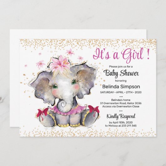 ピンク金ゴールドベビーシャワー招待状ベビーエレファント 招待状 (正面/裏面)